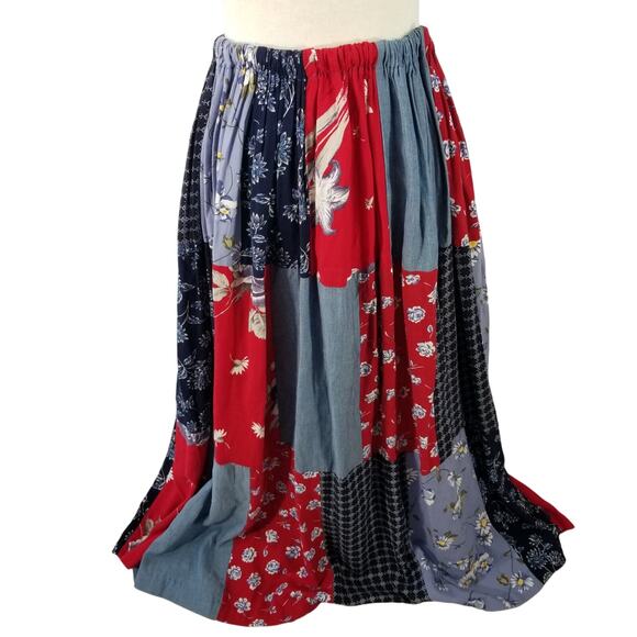 Stonebridge Red Blue White Patchwork Floral Elastic Pleated Boho Maxi Skirt M - Picture 1 of 4